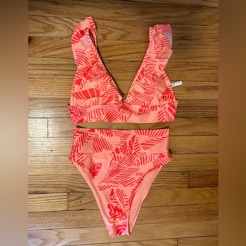 Aerie coral and orange pattern swimsuit set